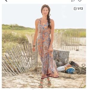 Sundance Orange Blue Paisley Honey Wine Maxi Dress Size L Bohemian Ruffle Tiered